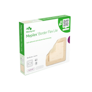 Box for Mepilex Border Flex Lite, a 10x10cm self-adherent soft silicone foam dressing, highlighting its features.