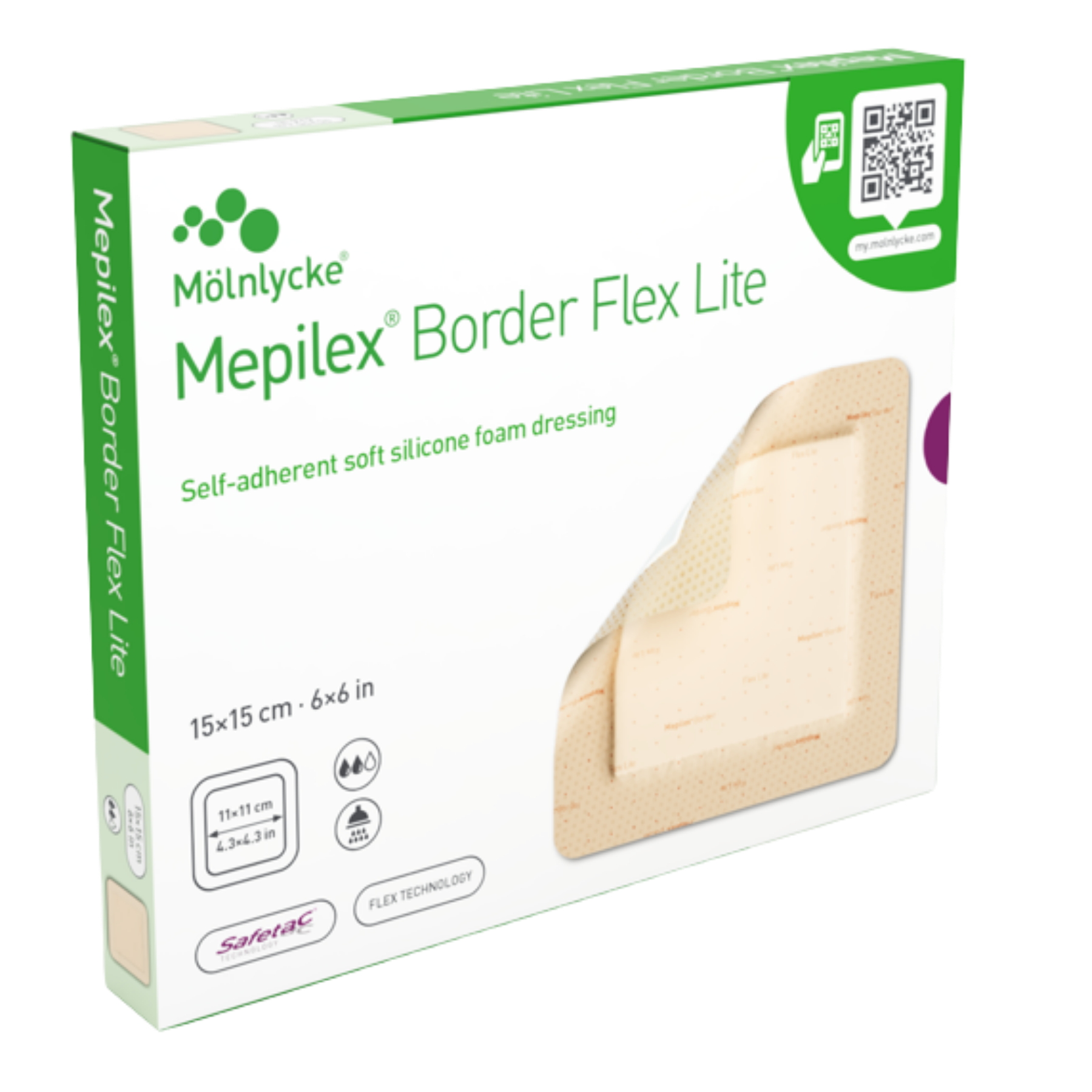 Packaging for Mölnlycke Mepilex Border Flex Lite 15x15cm dressings, a self-adherent soft silicone foam dressing using Safetac and Flex technology.