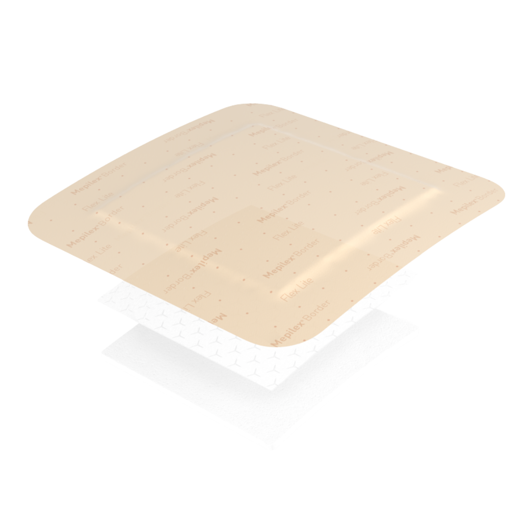 Exploded layer view of Mepilex Border Flex Lite dressing showing the protective border, foam, and absorbent layers.