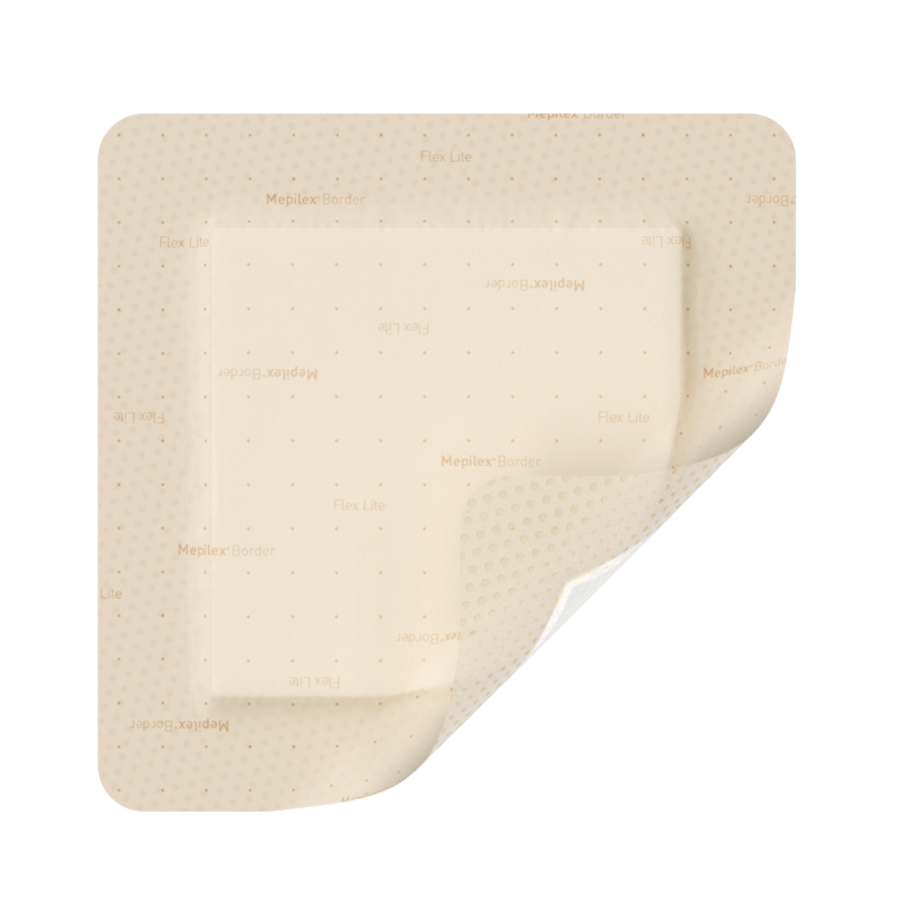Close-up of a Mepilex Border Flex Lite dressing showing the tan outer border and the absorbent foam pad designed for thin, flexible wound care.