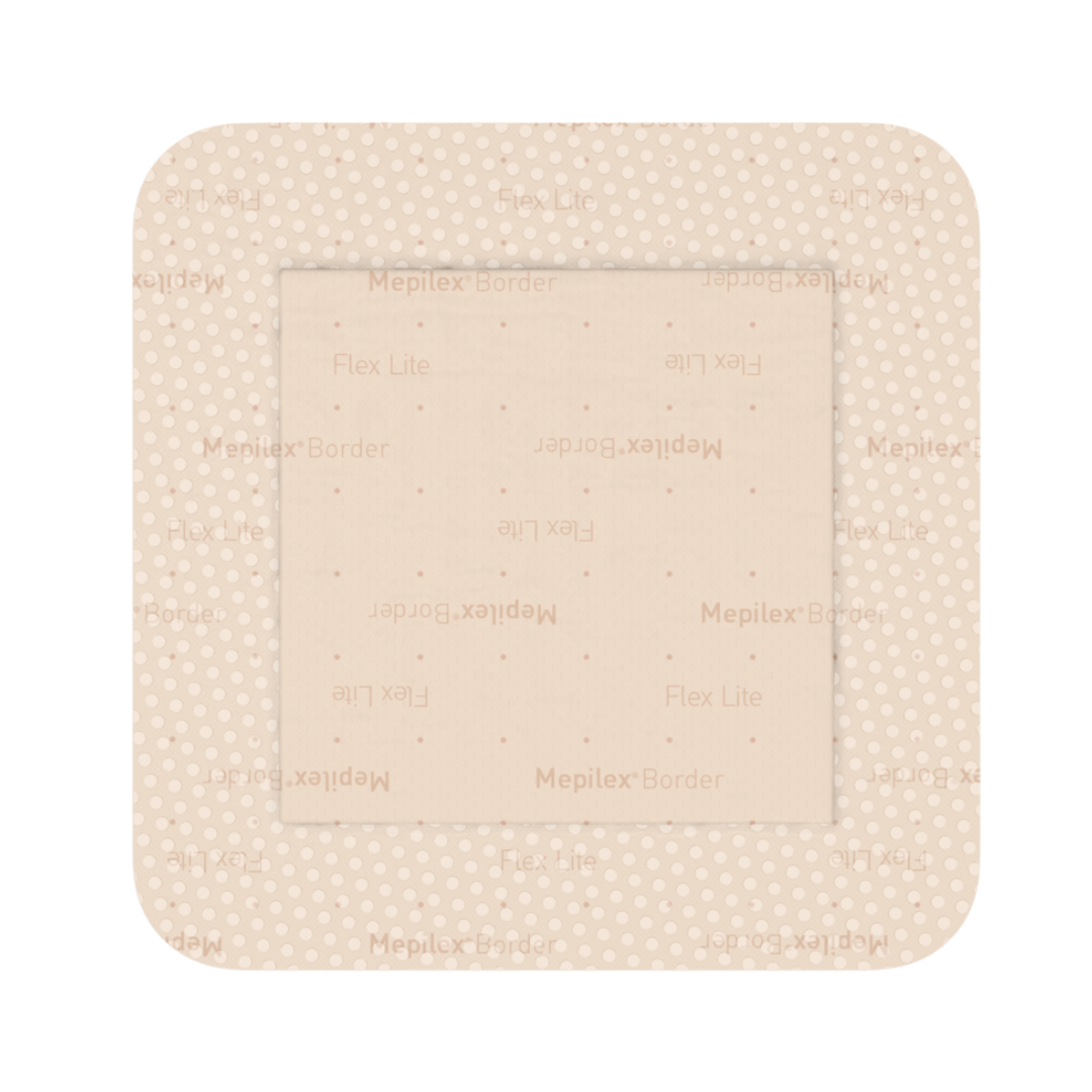 Square, top-down view of the Mepilex Border Flex Lite dressing with printed text and dotted, soft silicone border.