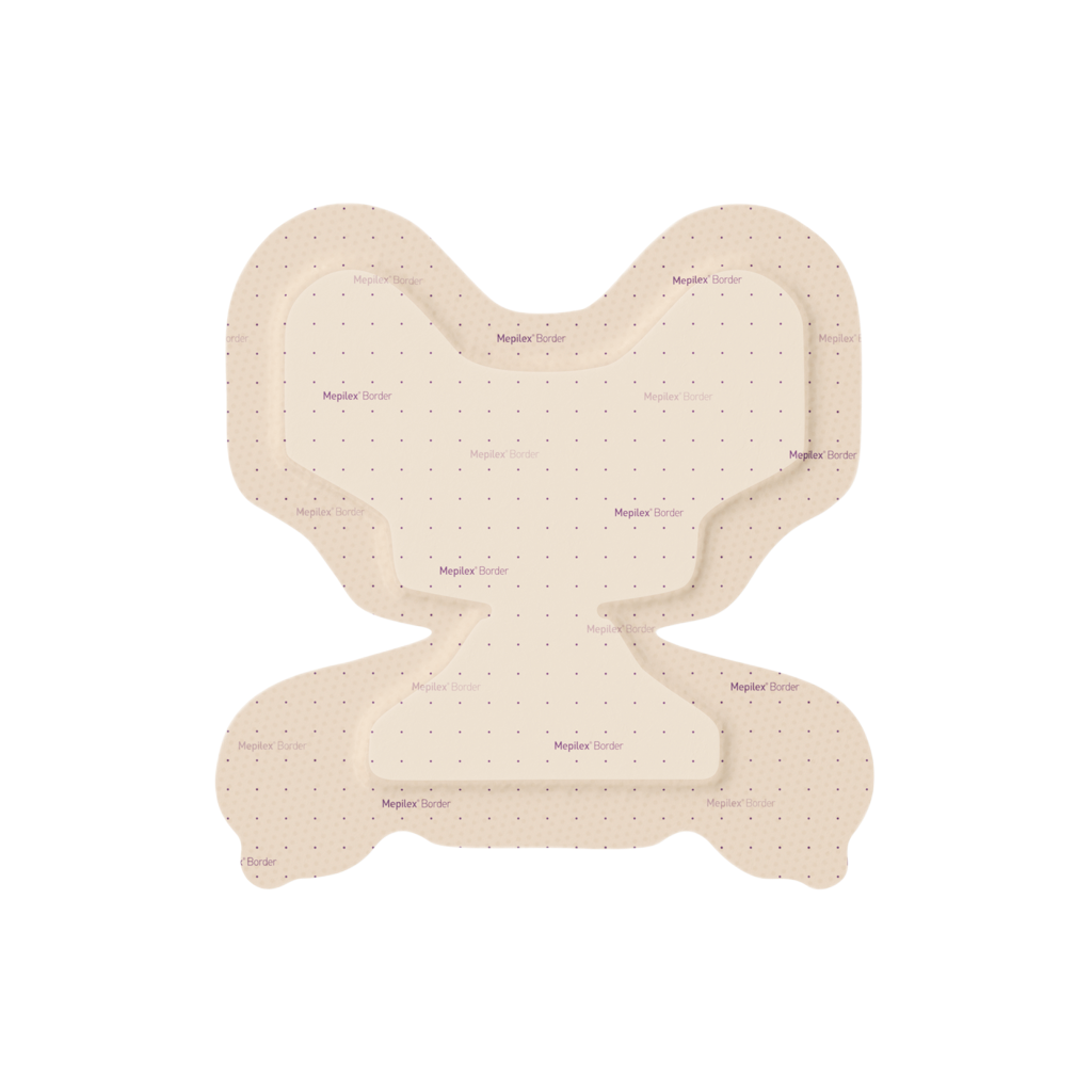 Anatomically shaped Mepilex Border Heel 22x23 cm five-layer foam dressing with Safetac technology for pressure injury prevention and treatment.