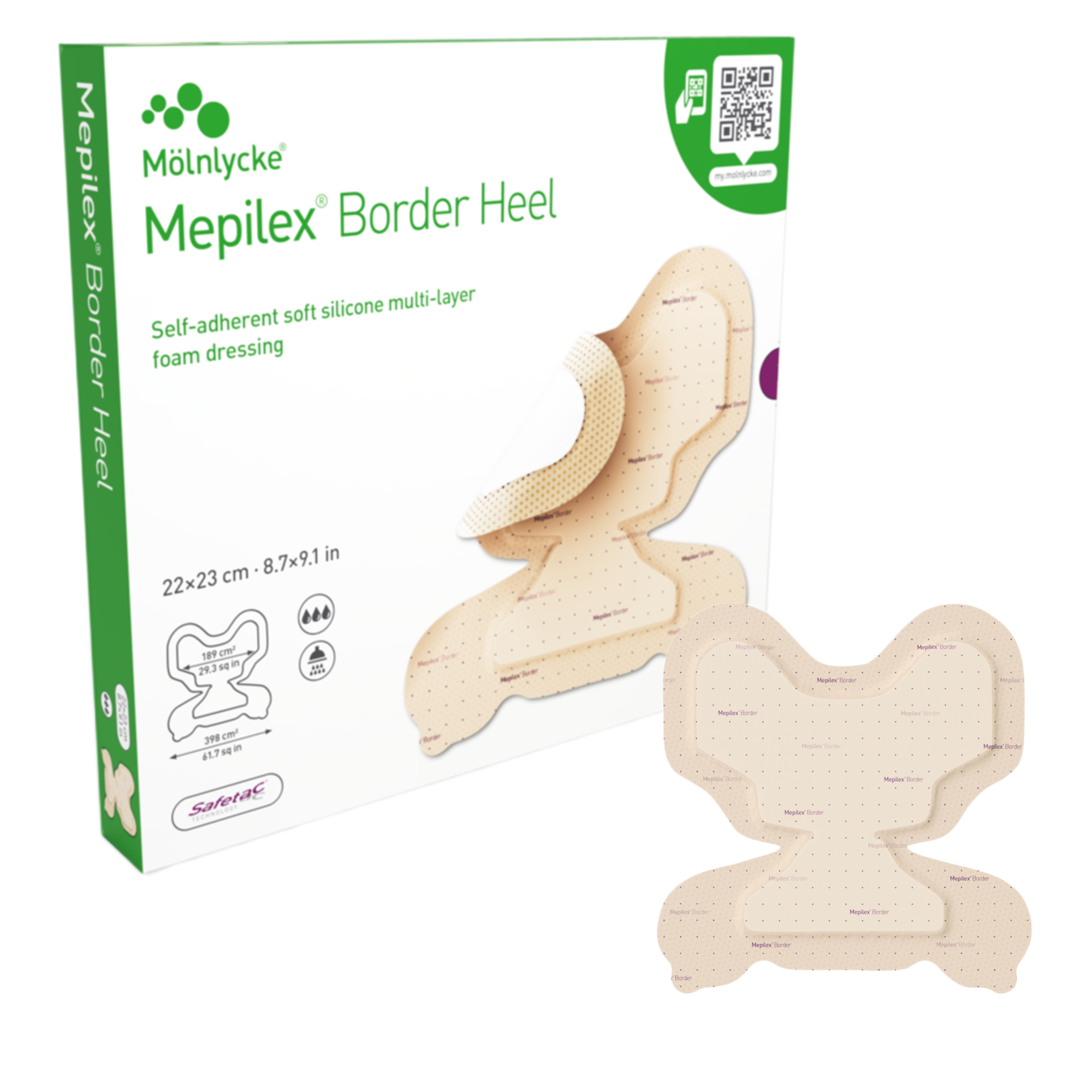 A Mepilex Border Heel product box alongside a single butterfly-shaped foam dressing, illustrating the Safetac technology logo and the anatomical shape of the heel dressing.