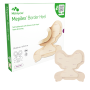 A Mepilex Border Heel product box alongside a single butterfly-shaped foam dressing, illustrating the Safetac technology logo and the anatomical shape of the heel dressing.