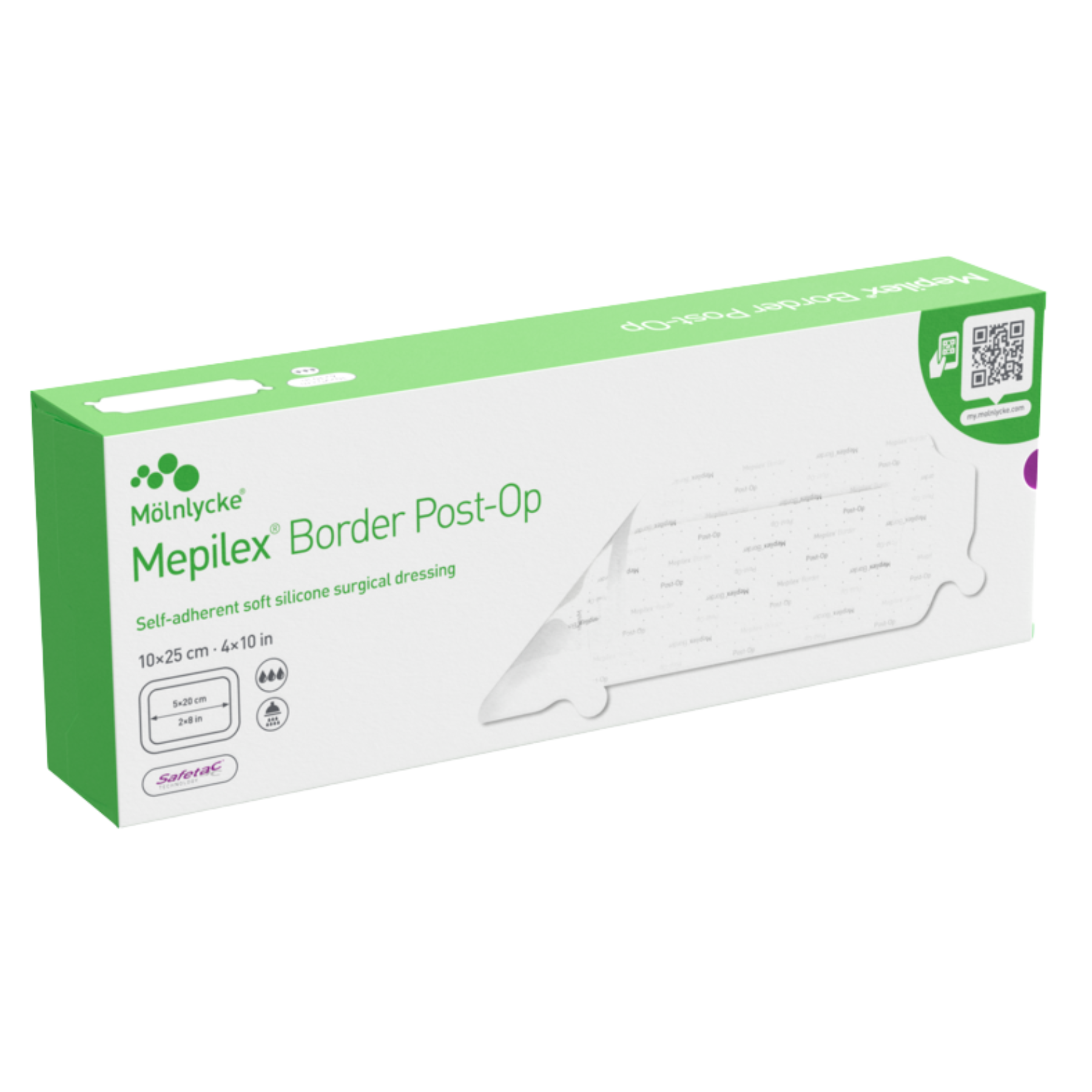 Large green and white product box for Mepilex Border Post-Op dressings, size 10 by 25 centimeters.