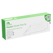 Large green and white product box for Mepilex Border Post-Op dressings, size 10 by 25 centimeters.