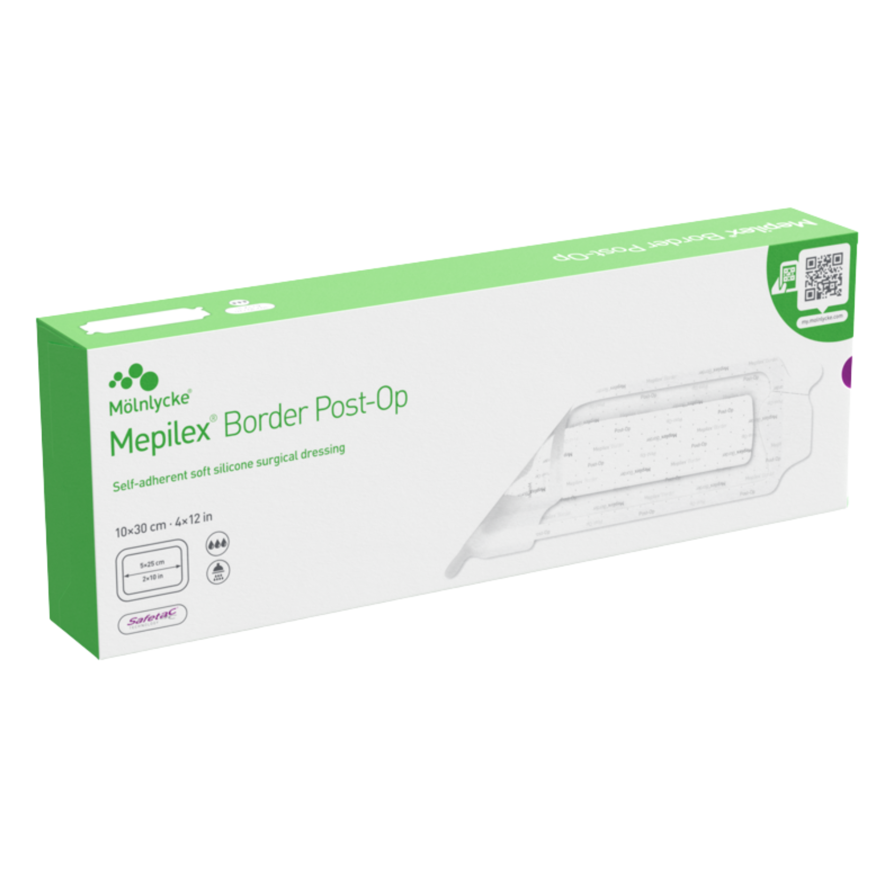 Green and white box of Mepilex Border Post-Op surgical dressings, 10 by 30 centimeter size.
