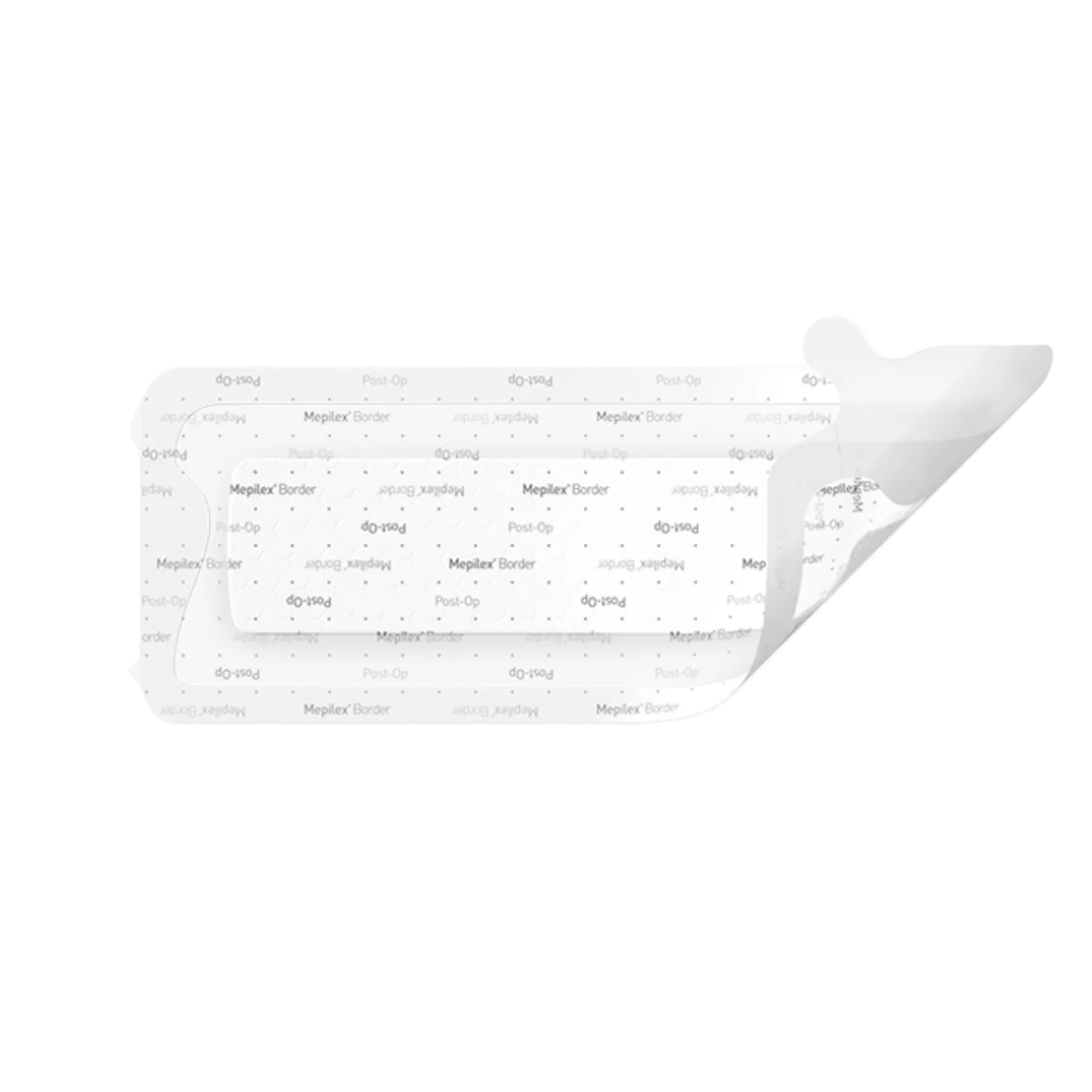 Large rectangular Mepilex Border Post-Op dressing designed for surgical wound protection.