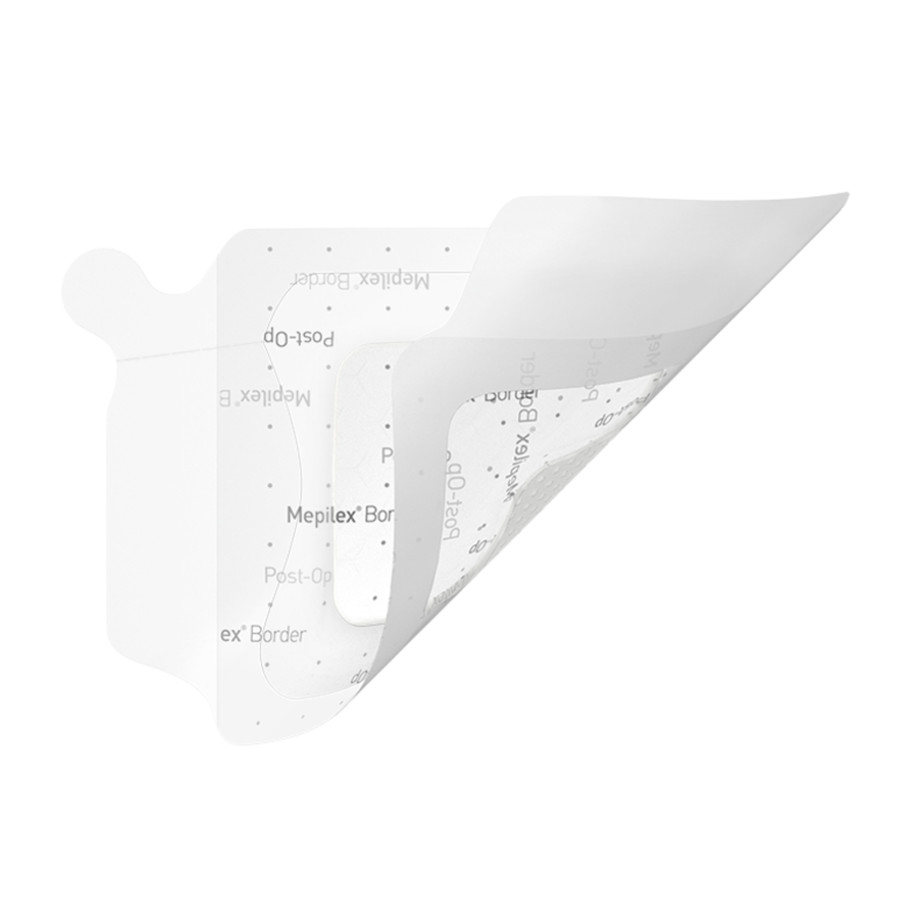 Medium-sized square self-adherent soft silicone surgical dressing showing the absorbent pad and border.