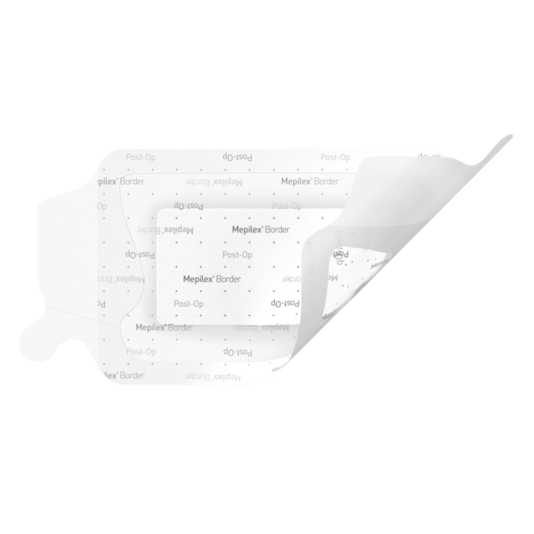 A rectangular Mepilex Border Post-Op dressing with a white protective backing being peeled away.
