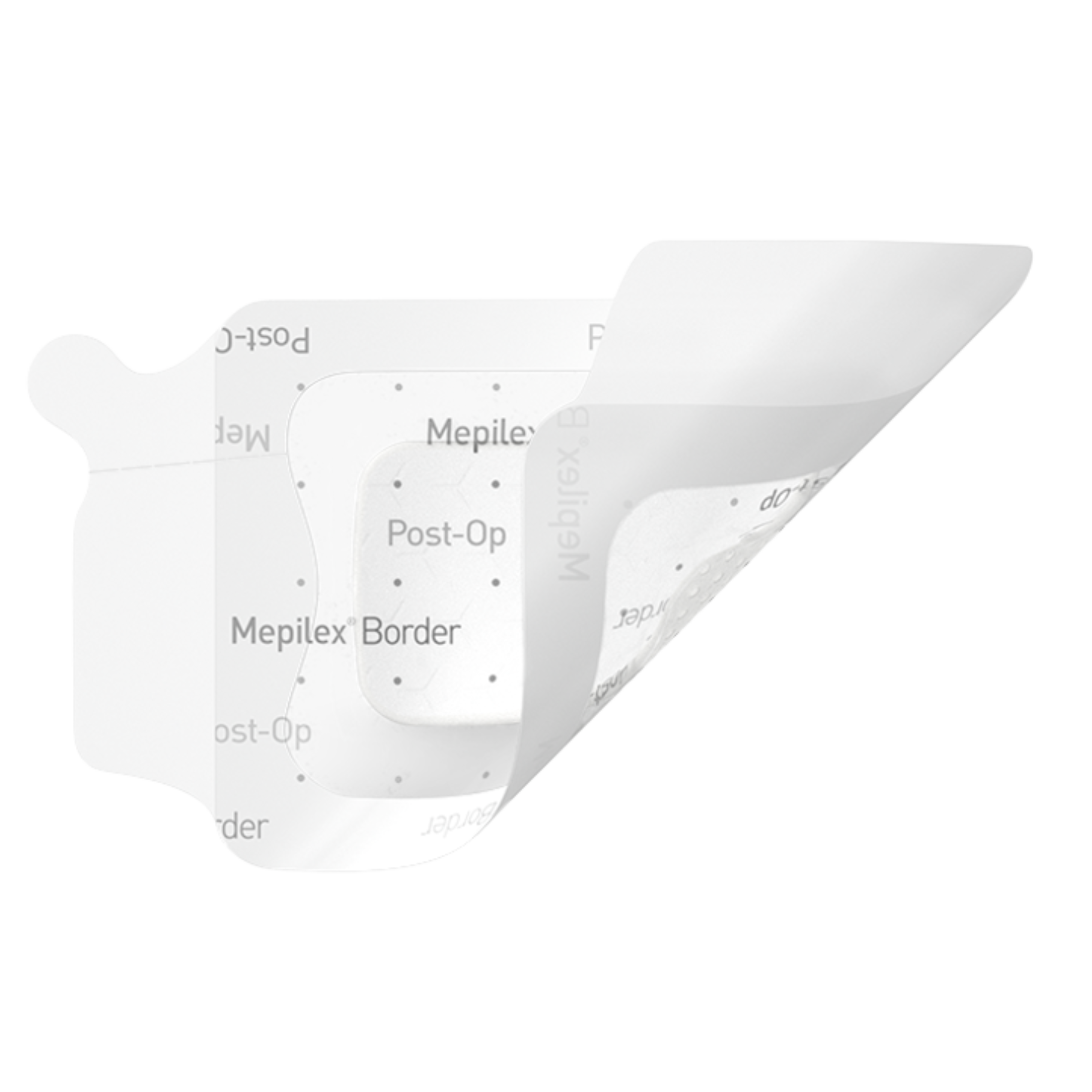 A small square Mepilex Border Post-Op surgical dressing with Safetac technology and a peeling corner.