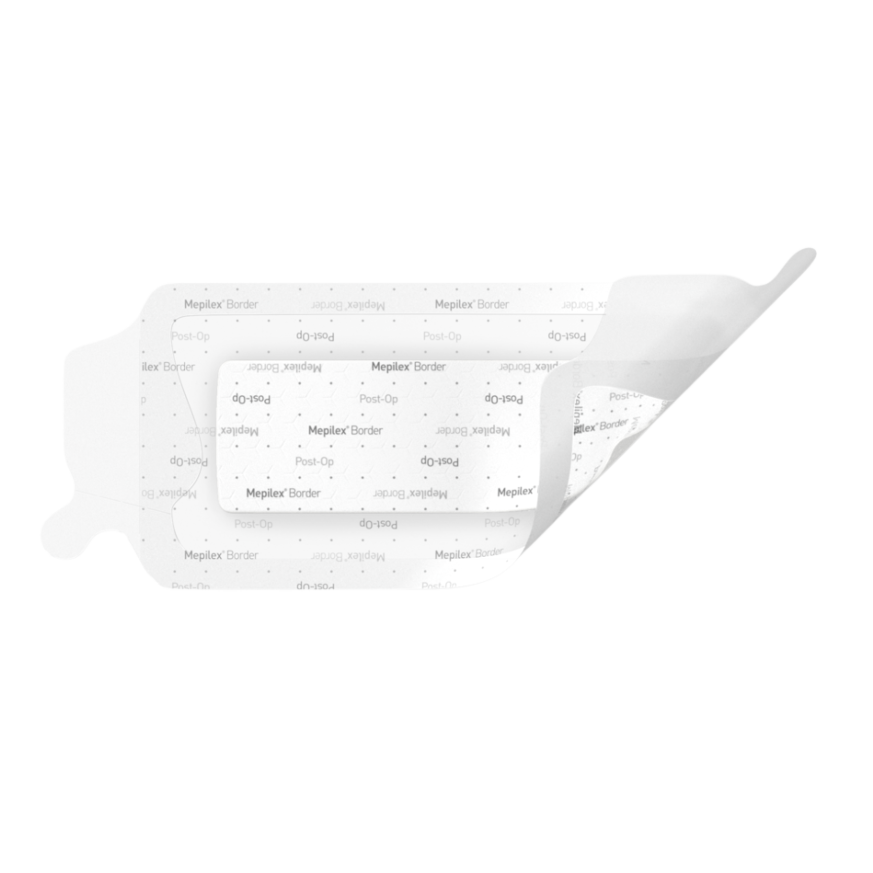 Wide rectangular surgical dressing for post-operative wound care with flexible border.