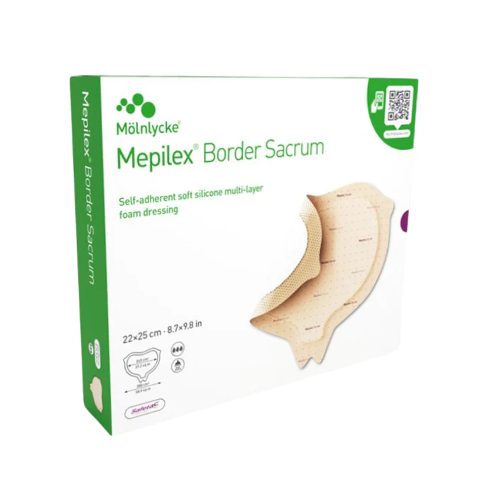 Product packaging for Mölnlycke Mepilex Border Sacrum, a self-adherent soft silicone multi-layer foam dressing, size 22x25 cm (8.7x9.8 in).