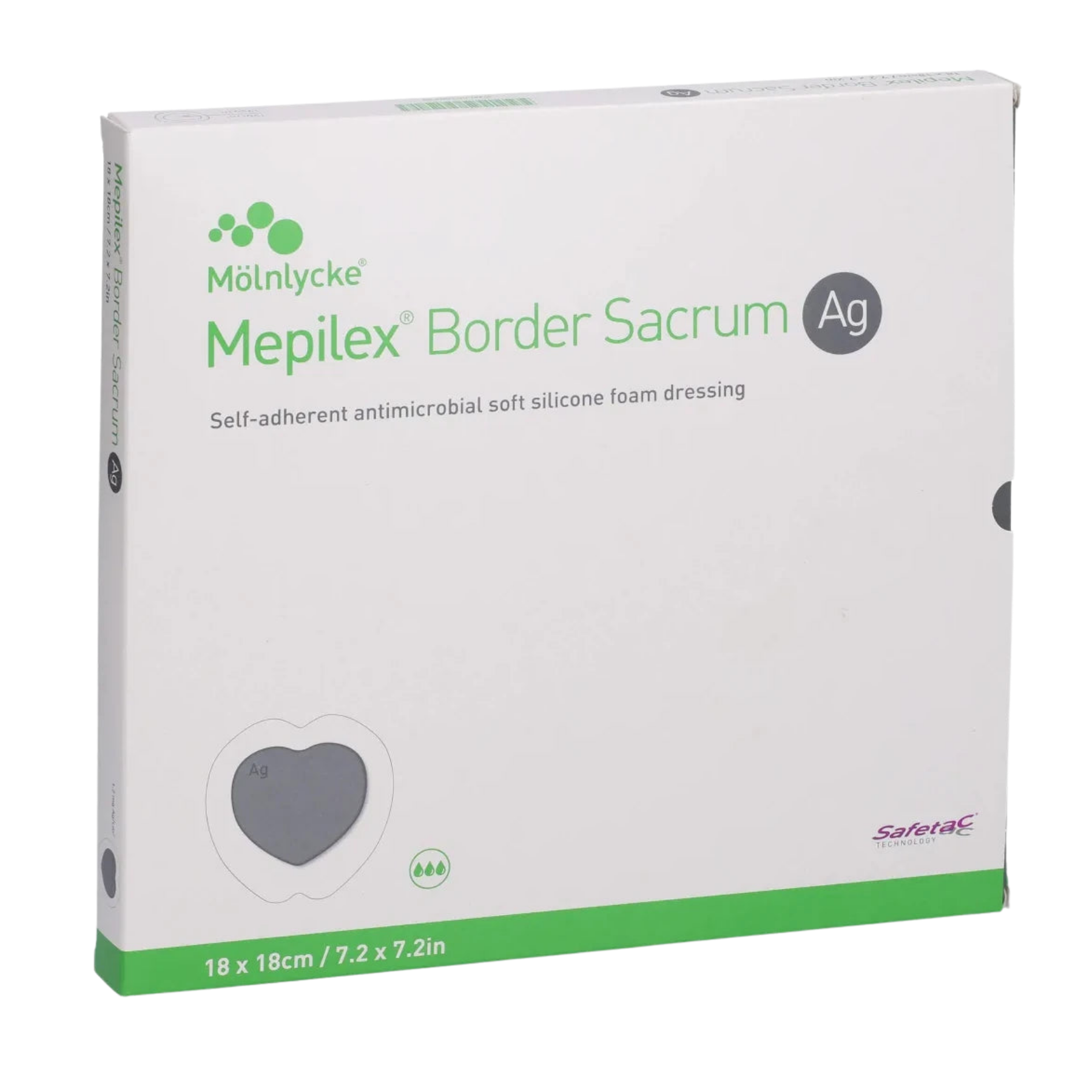 Front view of a box of Mepilex Border Sacrum Ag antimicrobial foam dressings, size 18 x 18 cm (7.2 x 7.2 in).