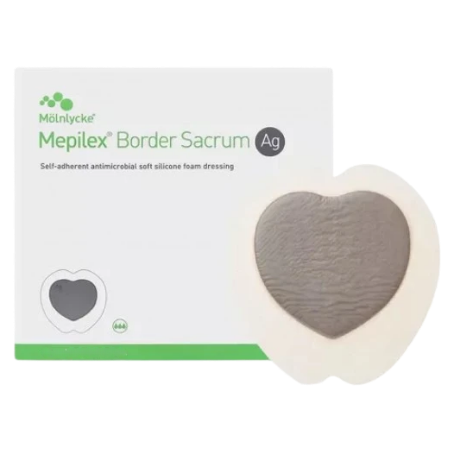 A Mepilex Border Sacrum Ag antimicrobial dressing placed next to its original white and green packaging.