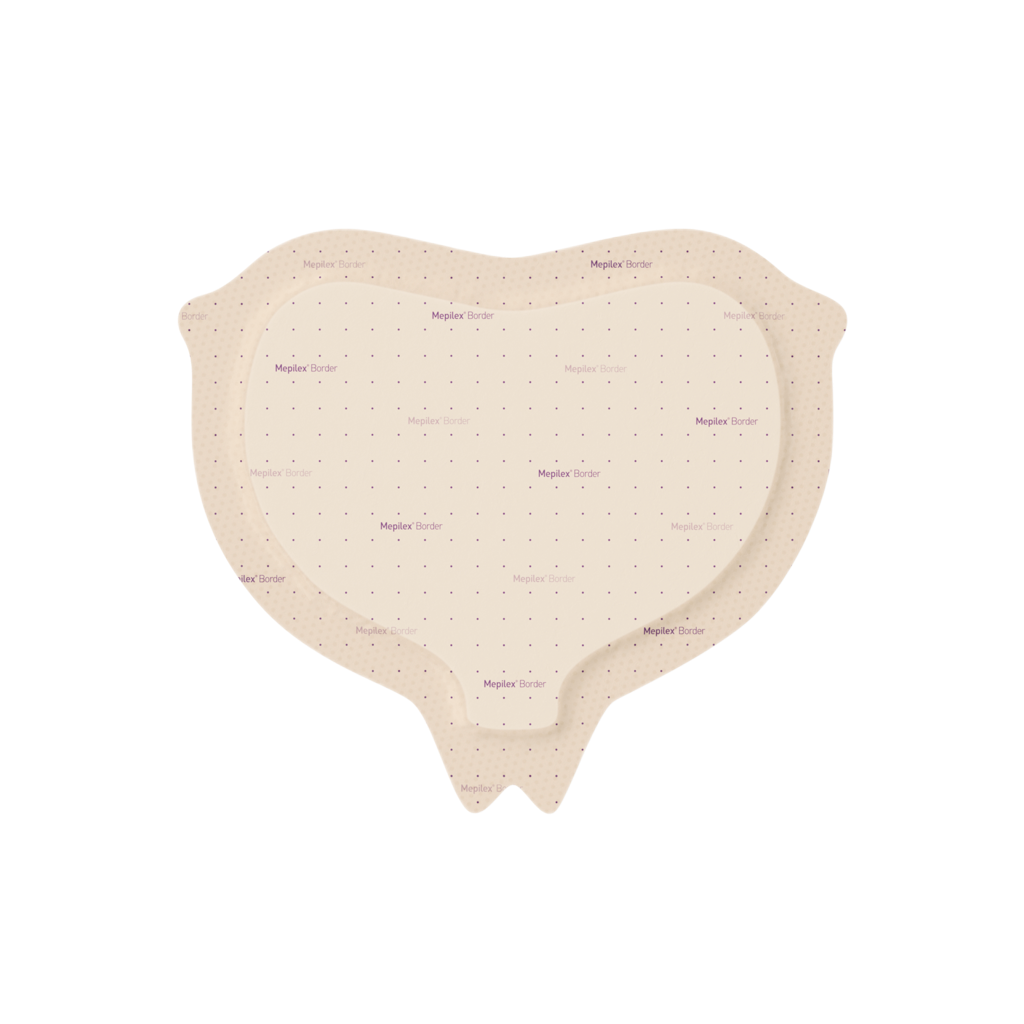 Top-down view of the butterfly-shaped Mepilex Border Sacrum dressing, showing the Safetac technology surface and anatomical design for the sacral area.