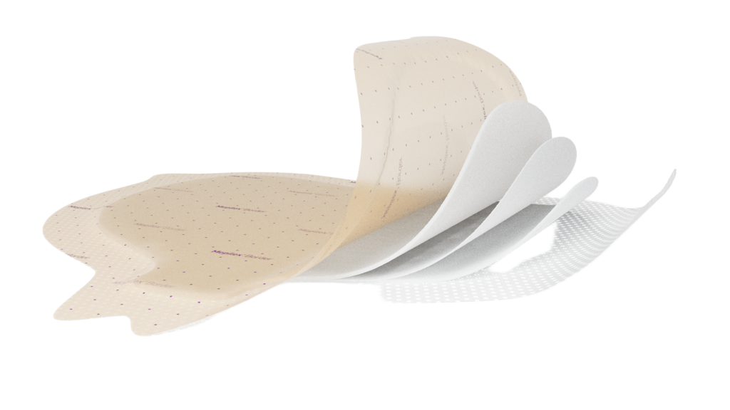 A cross-section view of the Mepilex Border Sacrum dressing highlighting its five-layer construction designed for pressure injury prevention and wound management.