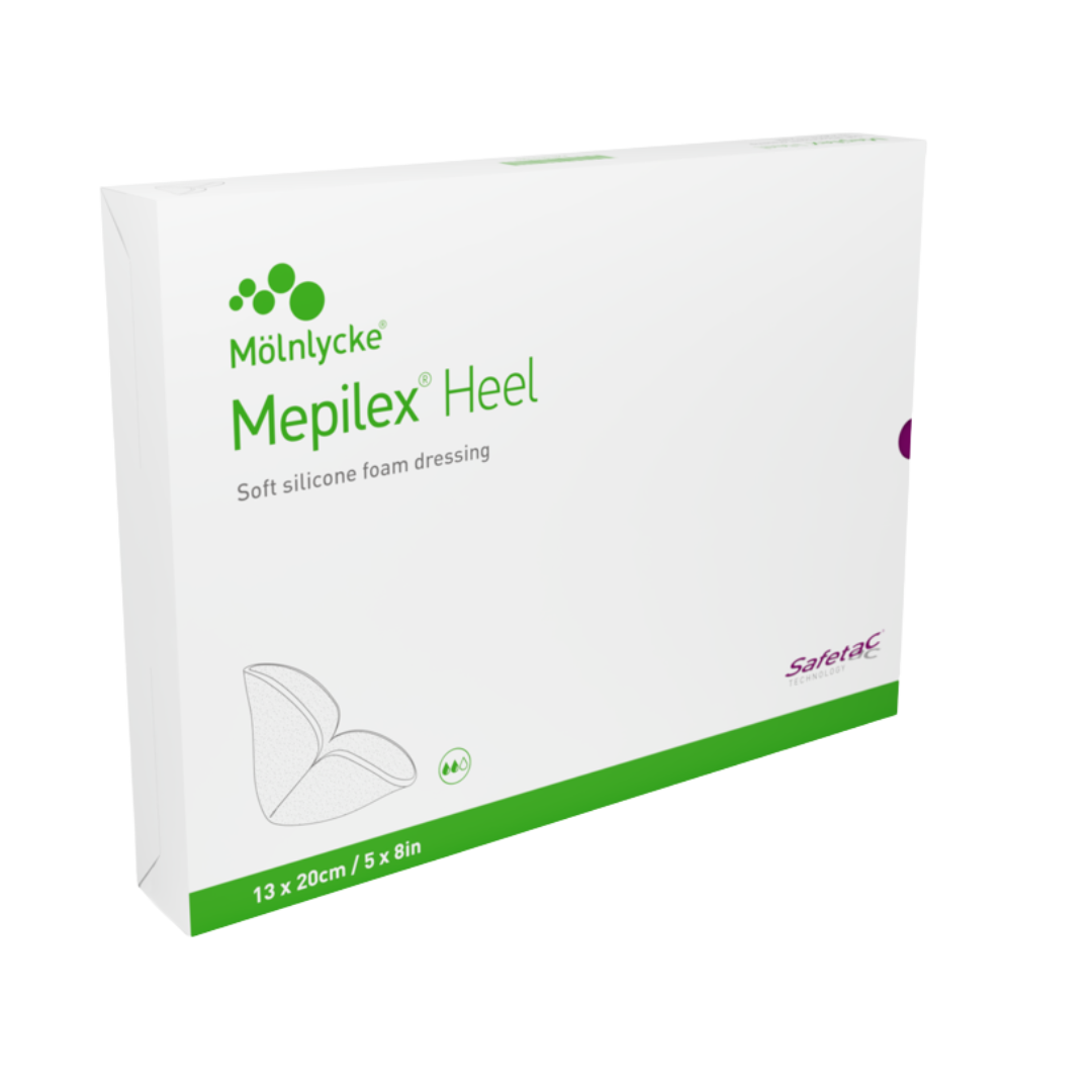Box for Mölnlycke Mepilex Heel (13x20cm, REF 288100), a soft silicone foam dressing for heel wounds.