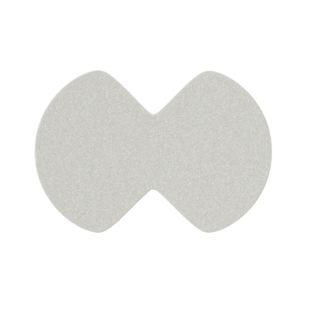 Top view of the unique, hourglass-shaped Mepilex Heel absorbent foam dressing pad for heel wounds.
