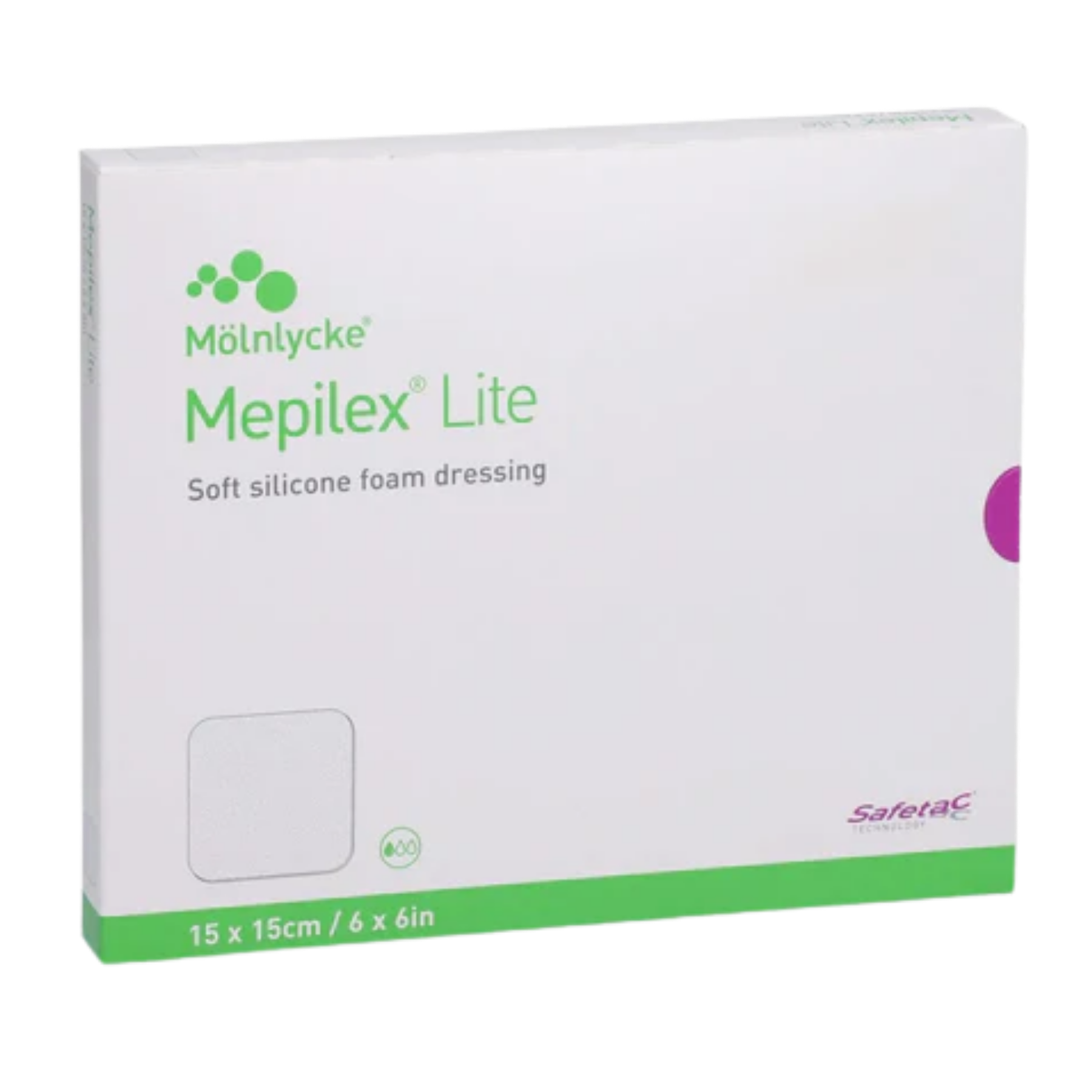 Retail box for Mölnlycke Mepilex Lite soft silicone foam dressing, 15x15cm (6x6 in), featuring Safetac technology for gentle wound care and protection.