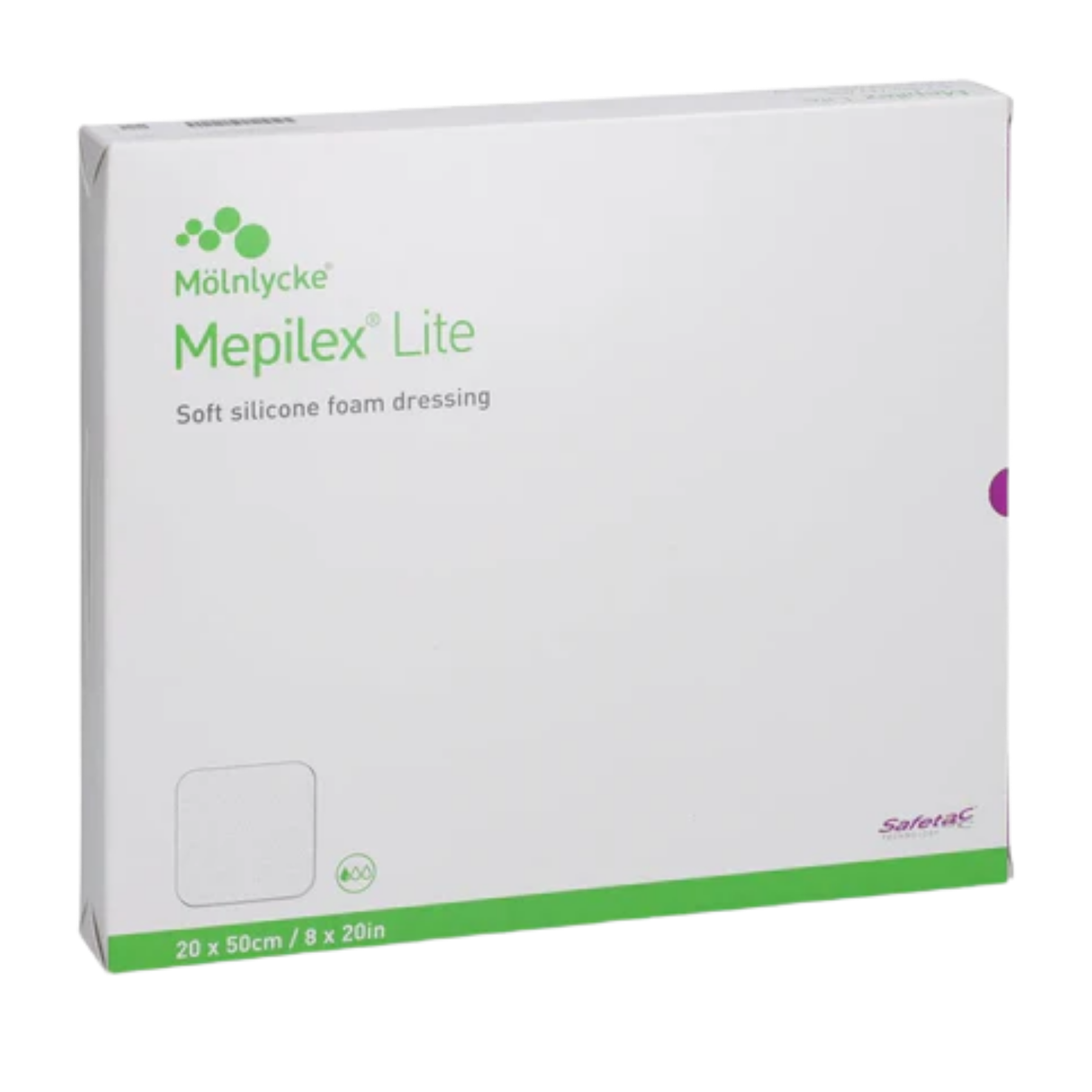 Box for Mölnlycke Mepilex Lite soft silicone foam dressing, size 20 x 50cm (8 x 20 in), featuring Safetac technology for gentle wound care and protection.