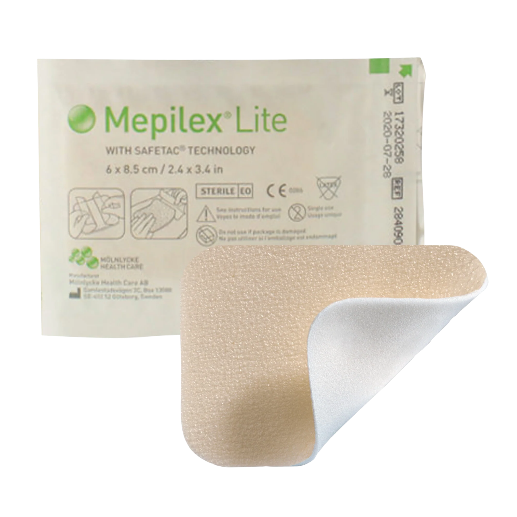 A single 6x8.5cm Mepilex Lite soft silicone foam dressing shown alongside its sterile individual wrapper, highlighting the flexible, thin material.