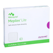 Product box for Mölnlycke Mepilex Lite soft silicone foam dressings, size 6 x 8.5cm, featuring Safetac technology for gentle and effective wound care.