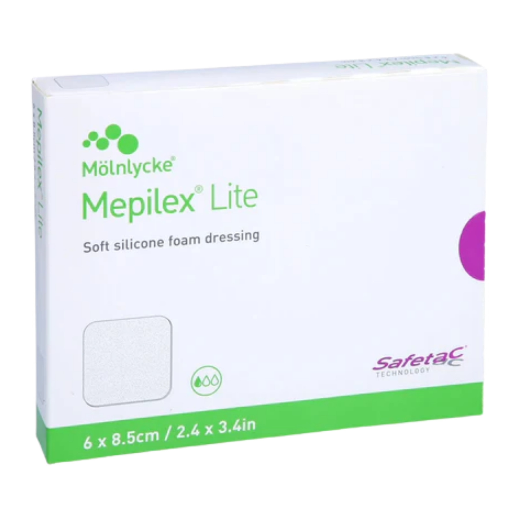 Product box for Mölnlycke Mepilex Lite soft silicone foam dressings, size 6 x 8.5cm, featuring Safetac technology for gentle and effective wound care.