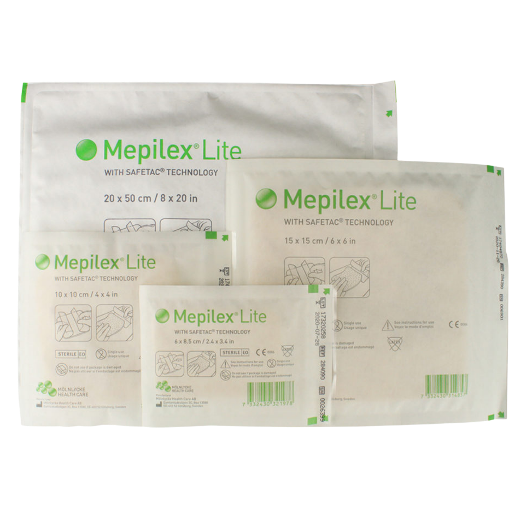 Group of Mepilex Lite sterile dressing packs in various sizes, including 6x8.5cm, 10x10cm, 15x15cm, and 20x50cm, showcasing the full professional range.