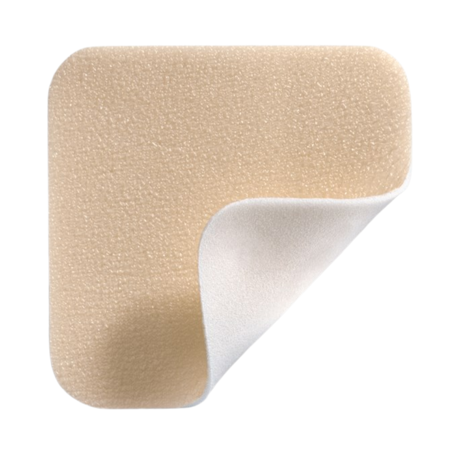 Detailed close-up of a Mepilex Lite foam dressing showing the soft, porous silicone texture and flexible corner designed to conform to the skin.