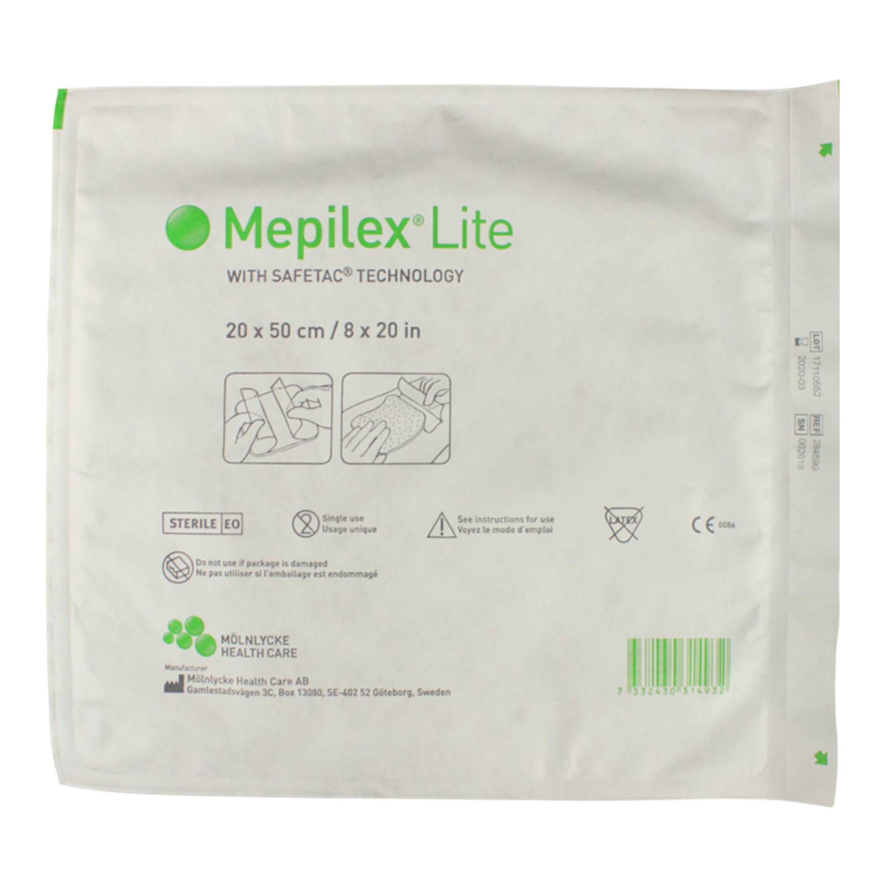 Single sterile package for Mepilex Lite 20 x 50cm foam dressing, showing the Safetac technology logo and clear application instructions for clinical use.