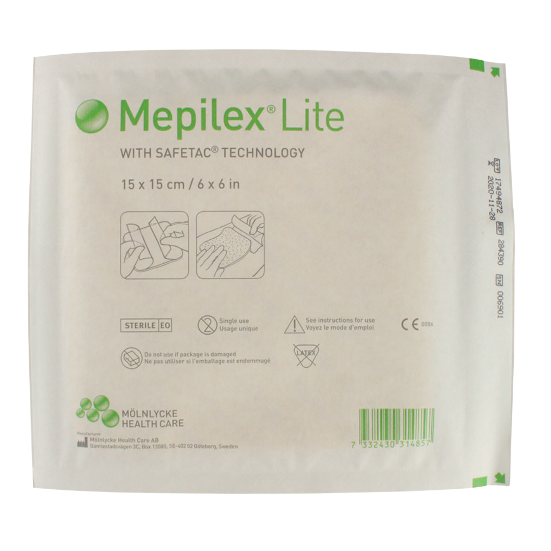 Single sterile individual wrapper for Mepilex Lite soft silicone foam dressing 15 x 15cm with application diagrams and Safetac technology branding.