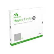 Front and side view of the Mepilex Transfer Ag antimicrobial soft silicone exudate transfer dressing box, size 10 x 12.5 cm (4 x 5 in).