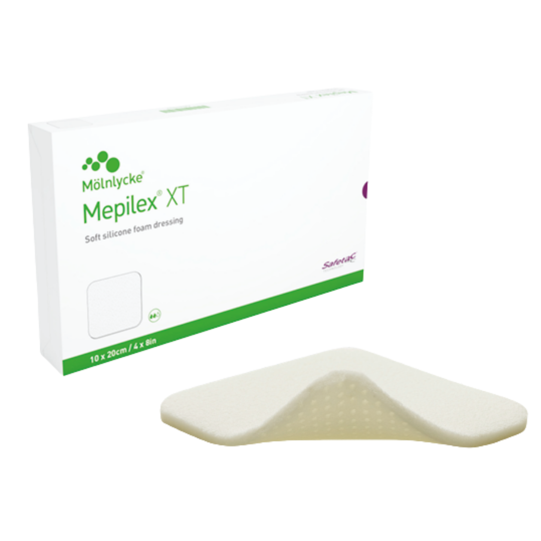 Mepilex XT soft silicone foam dressing shown outside of its white and green 10 x 20 cm packaging.