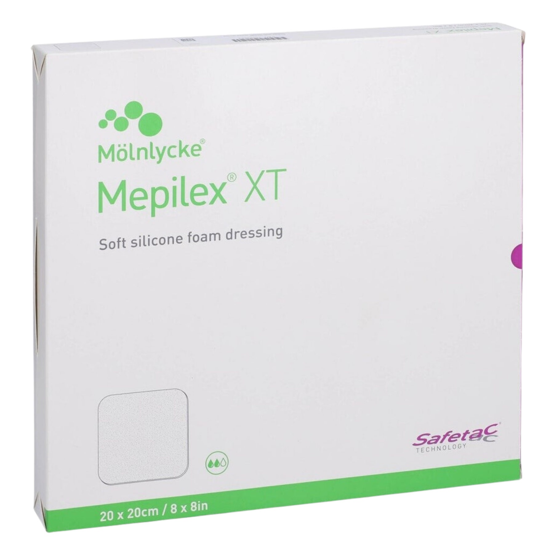 Retail packaging for Mepilex XT soft silicone foam dressing, large 20 x 20 cm (8 x 8 in) size.
