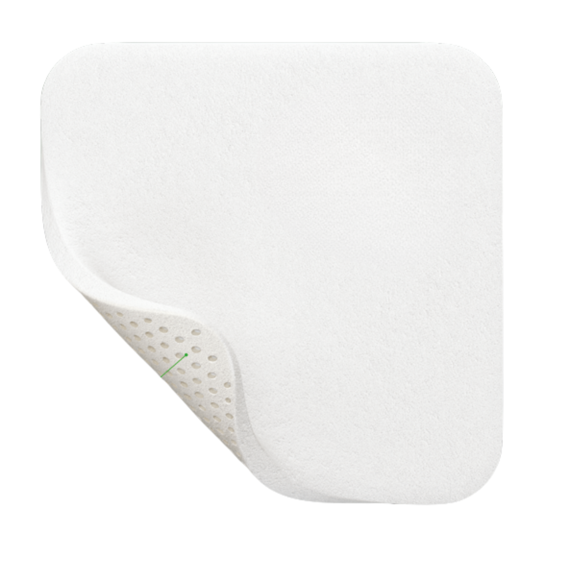 Close-up of a square Mepilex XT foam dressing with one corner peeled back to show the Safetac silicone wound contact layer.