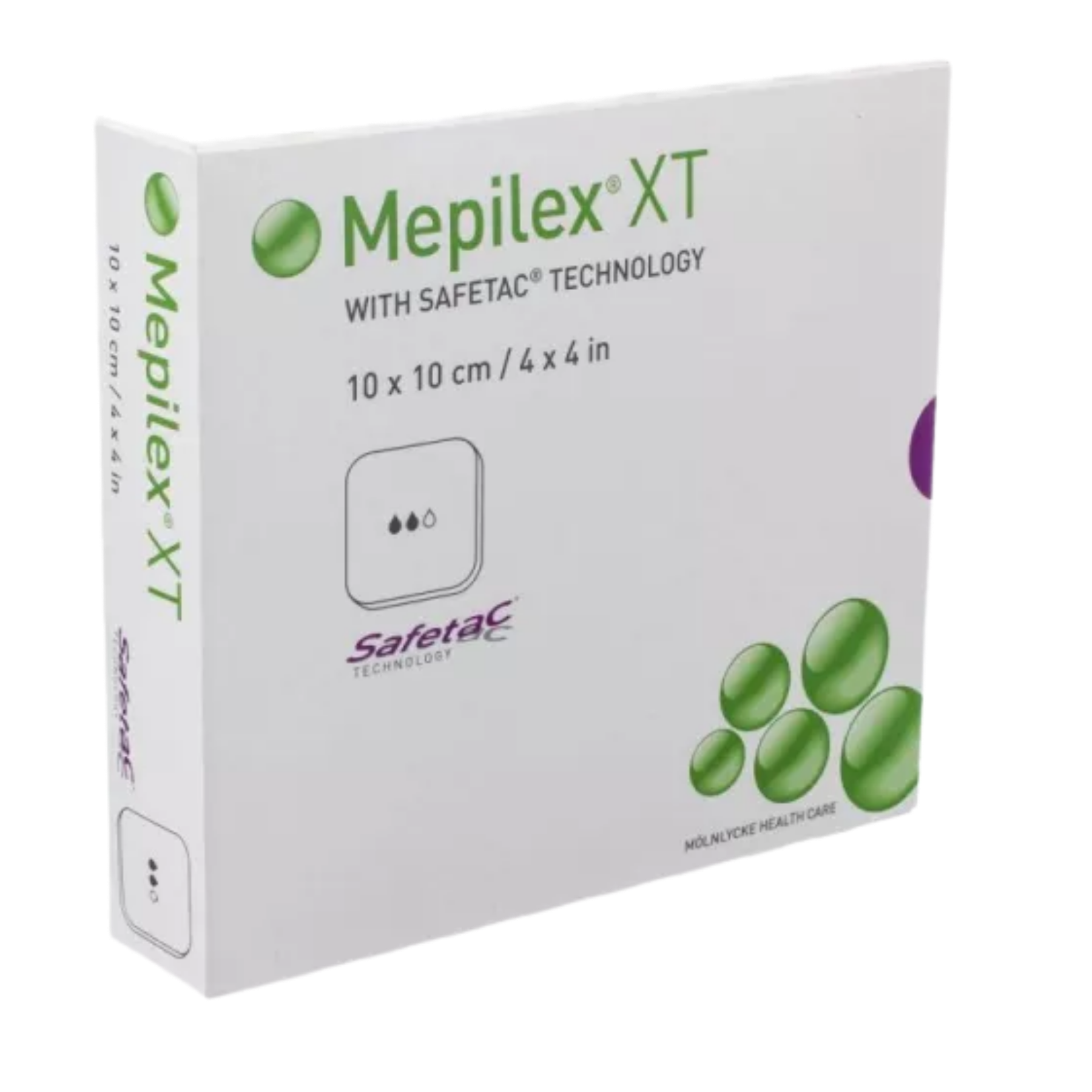 Box of Mepilex XT with Safetac Technology, size 10 x 10 cm (4 x 4 in), manufactured by Mölnlycke Health Care.