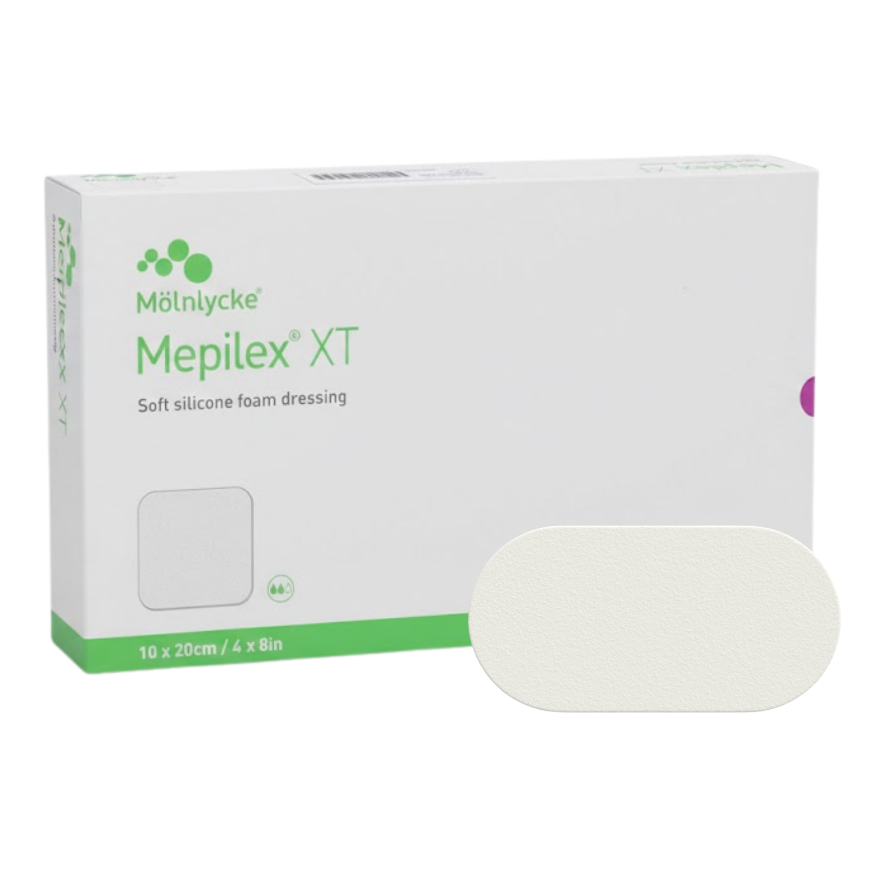 An oval-shaped Mepilex XT soft silicone foam dressing displayed next to its 10 x 20 cm (4 x 8 in) retail box.