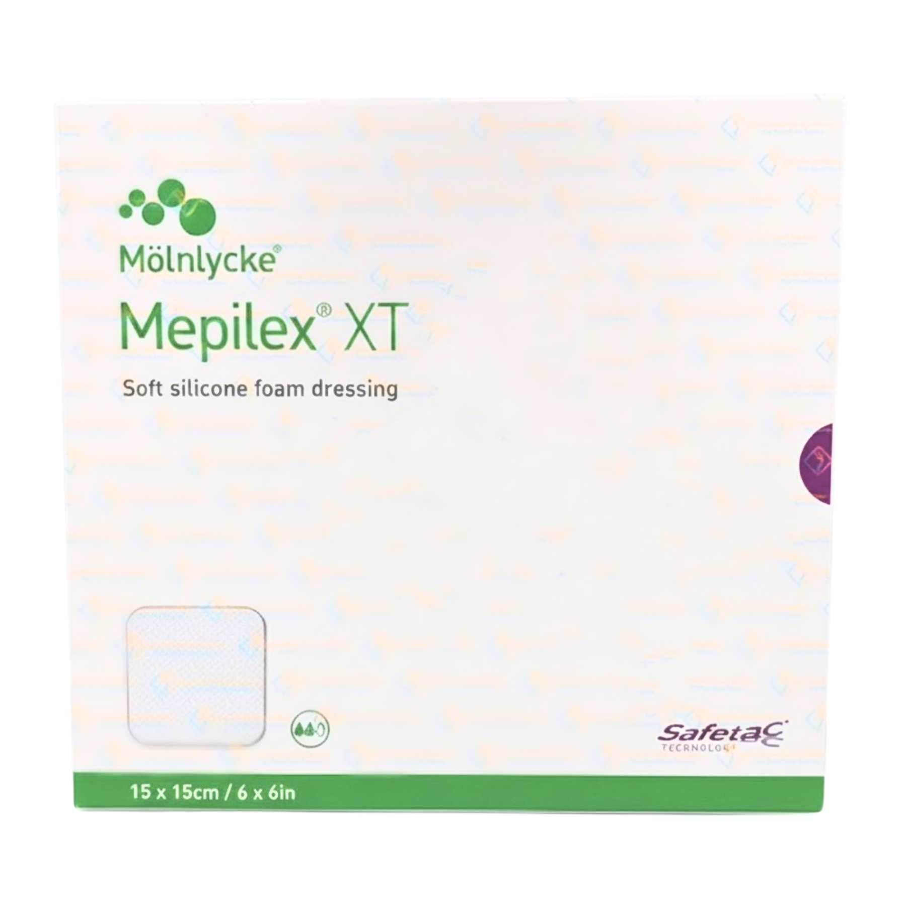 Front view of Mepilex XT soft silicone foam dressing box, size 15 x 15 cm (6 x 6 in).