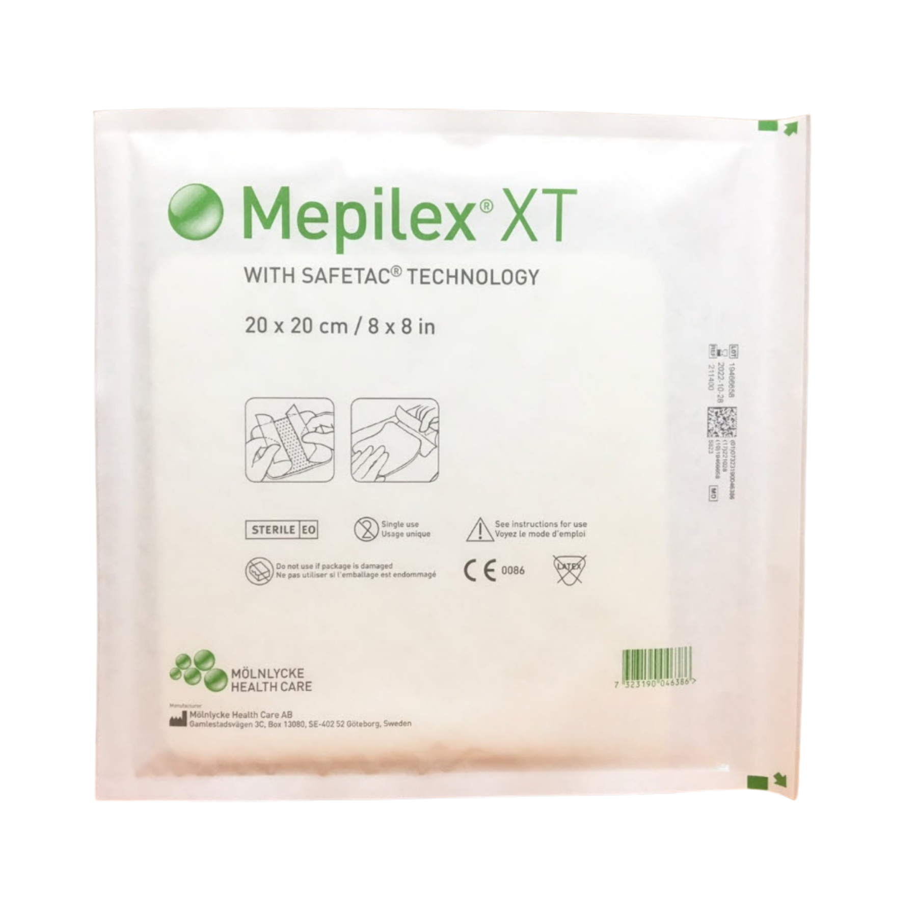 Individual sterile peel-pack for Mepilex XT with Safetac Technology, size 20 x 20 cm.