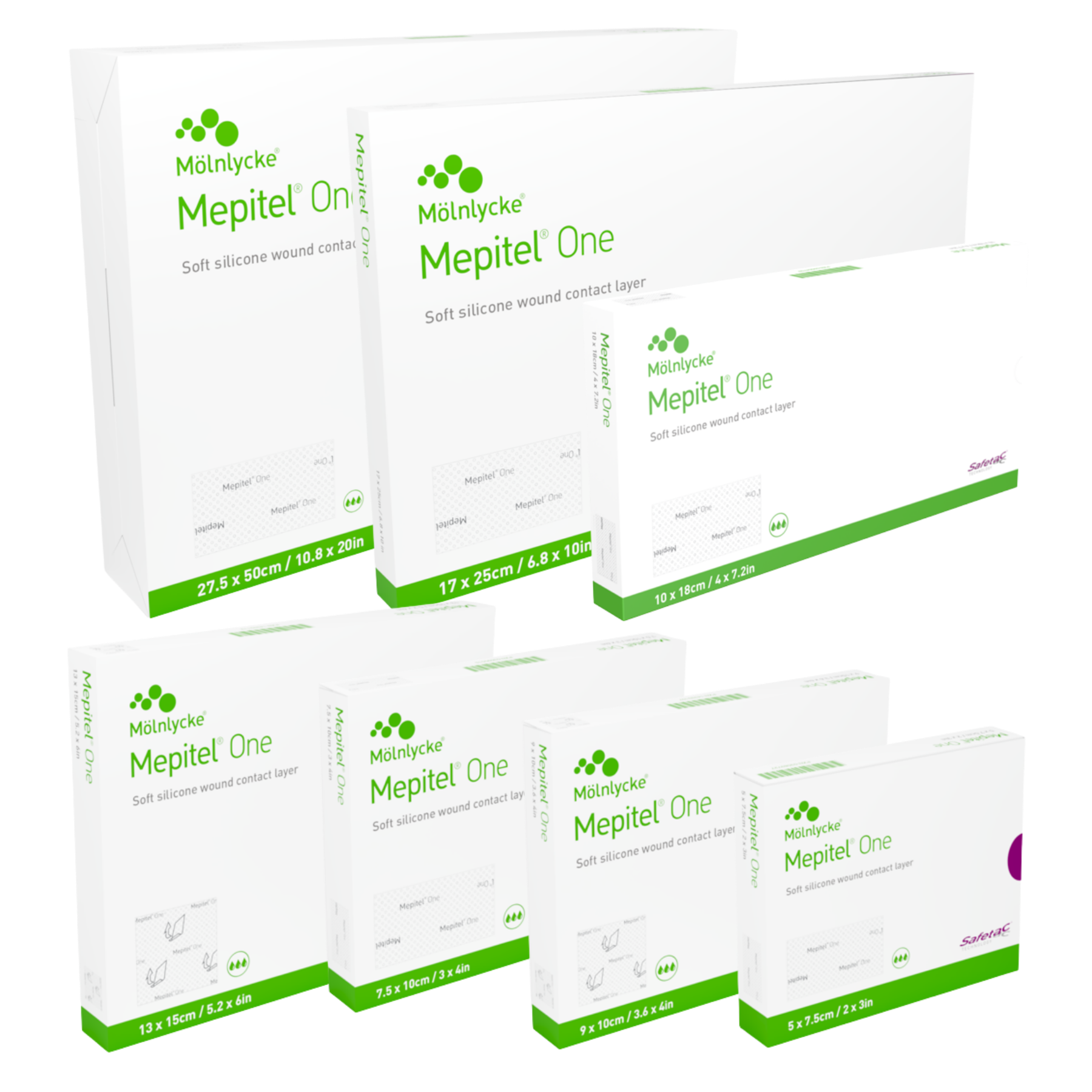 A collection of Mepitel One wound contact layer boxes in various sizes ranging from 5x7.5cm to 27.5x50cm.