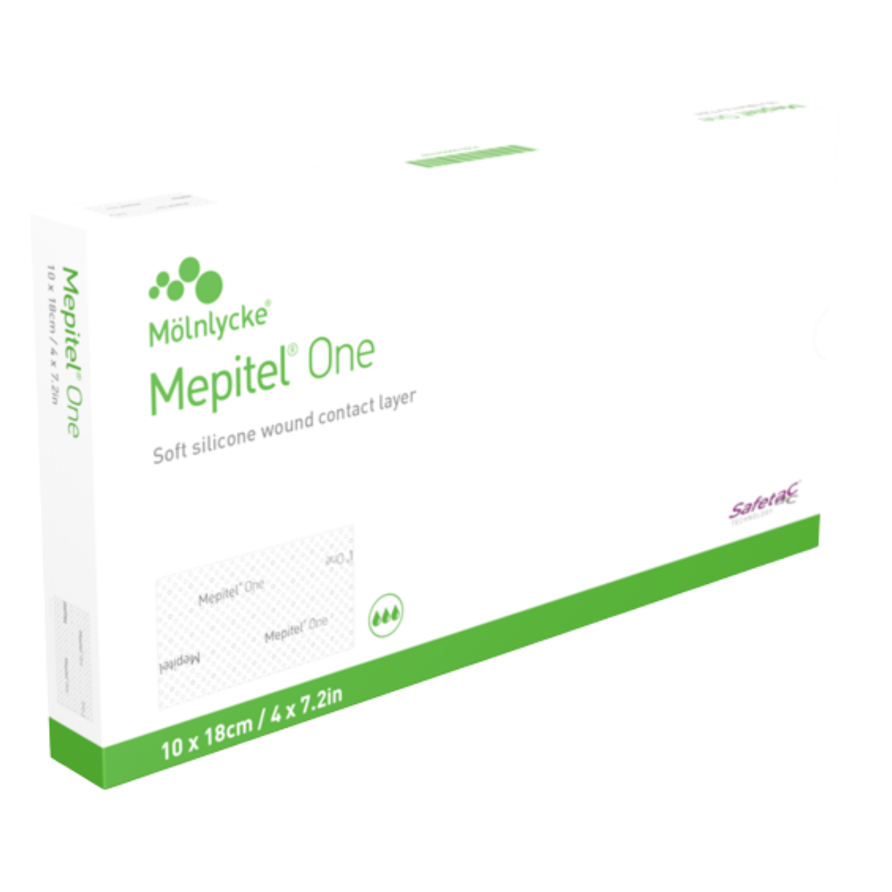 Box of Mepitel One soft silicone wound contact layer, size 10 x 18 cm (4 x 7.2 in).