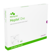 Box of Mepitel One soft silicone wound contact layer, size 13 x 15 cm (5.2 x 6 in).