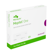 Box of Mepitel One soft silicone wound contact layer, size 5 x 7.5 cm (2 x 3 in).