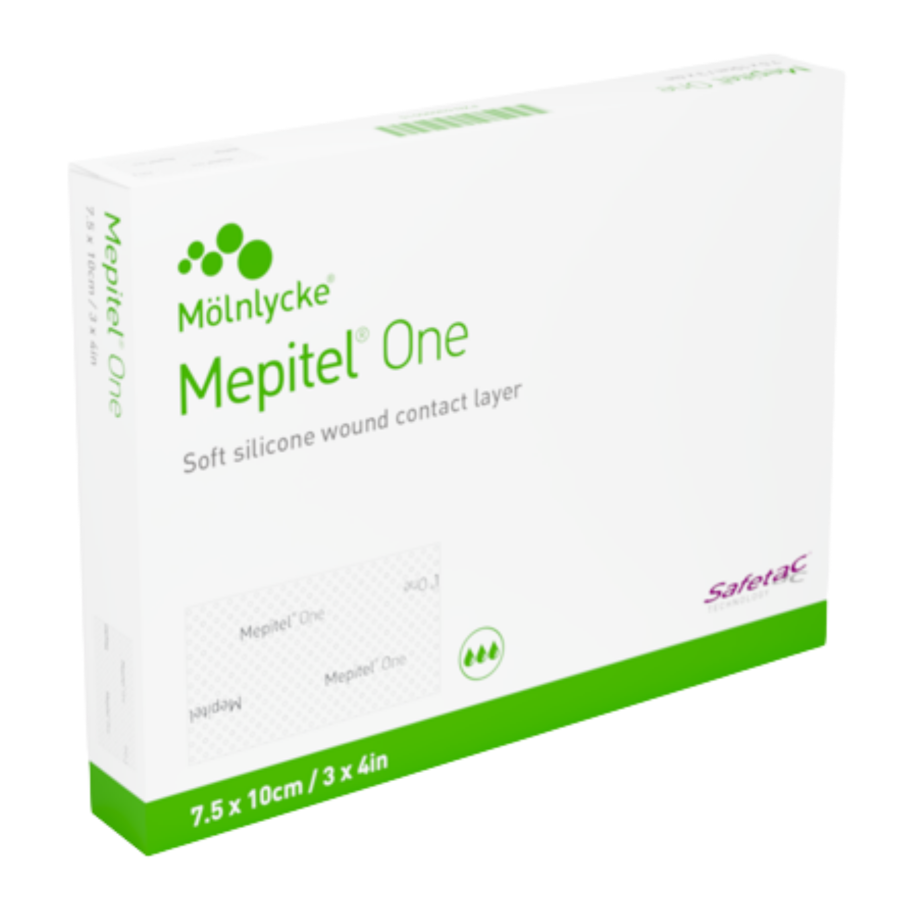Box of Mepitel One soft silicone wound contact layer, size 7.5 x 10 cm (3 x 4 in).