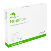 Box of Mepitel One soft silicone wound contact layer, size 9 x 10 cm (3.6 x 4 in).