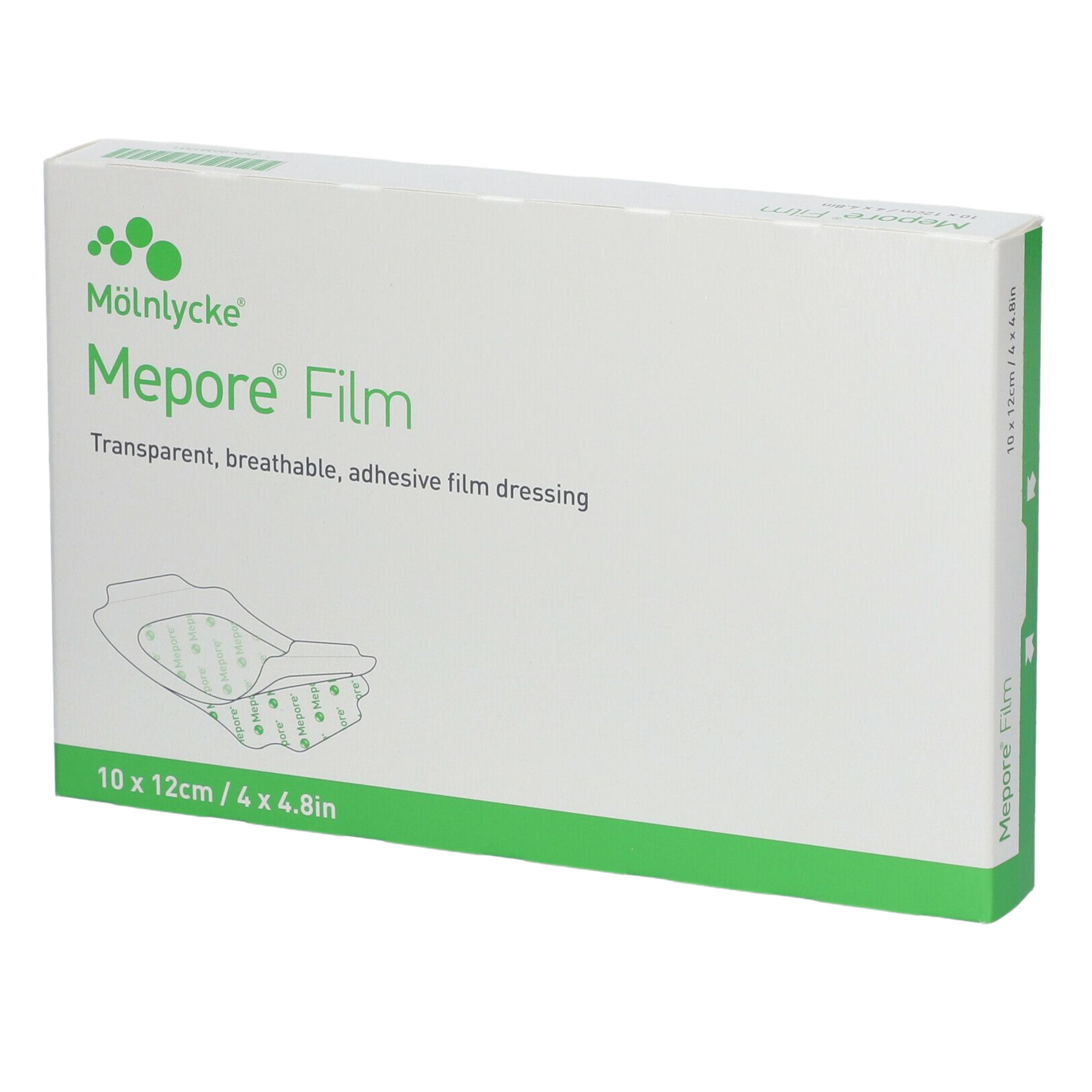 A box of Mölnlycke Mepore Film transparent, breathable adhesive film dressing, size 10 x 12 cm.