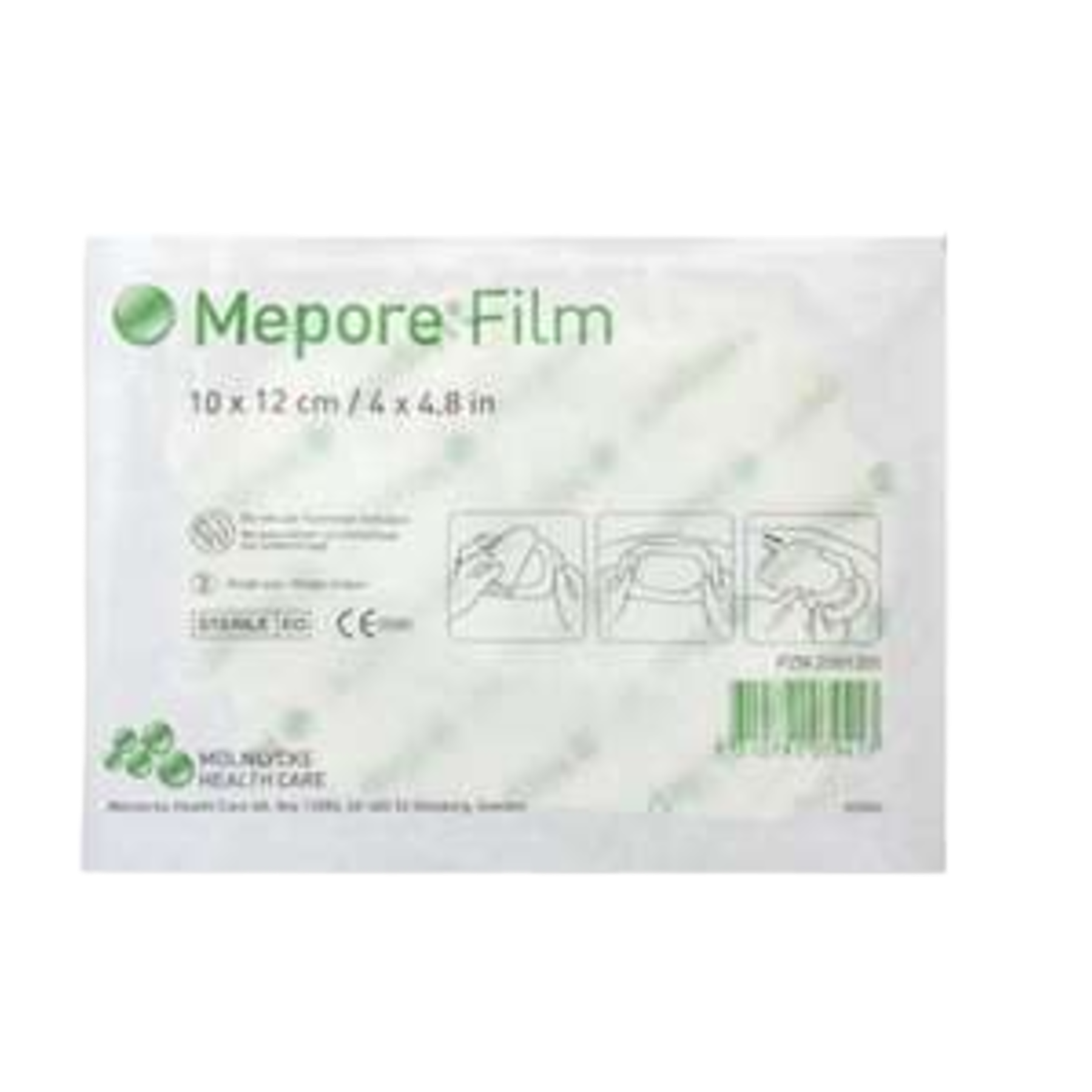 Sterile individual wrapper for Mepore Film dressing, size 10 x 12 cm, with application instructions printed on the front.