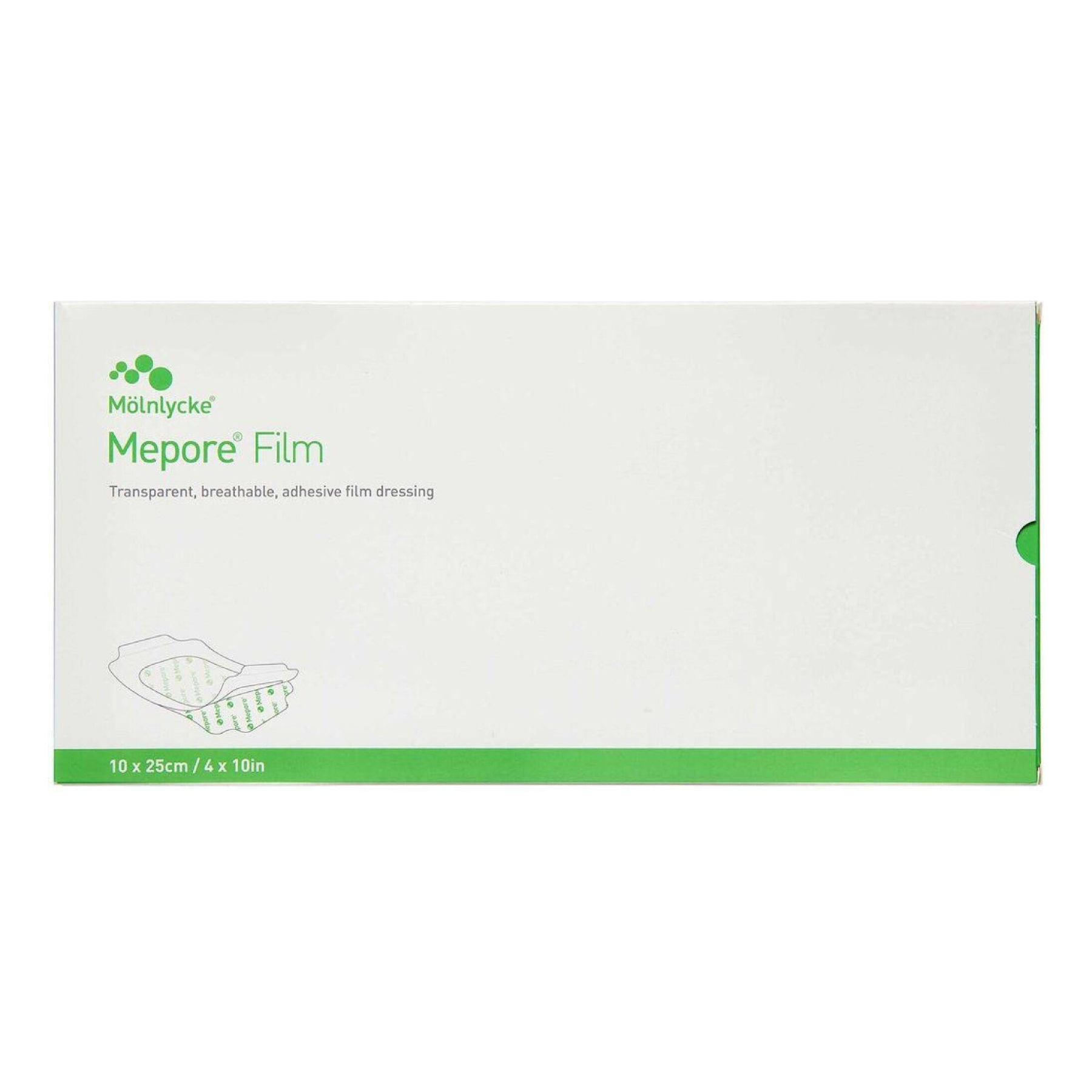 Front view of a wide box of Mepore Film transparent adhesive dressing, size 10 x 25 cm.