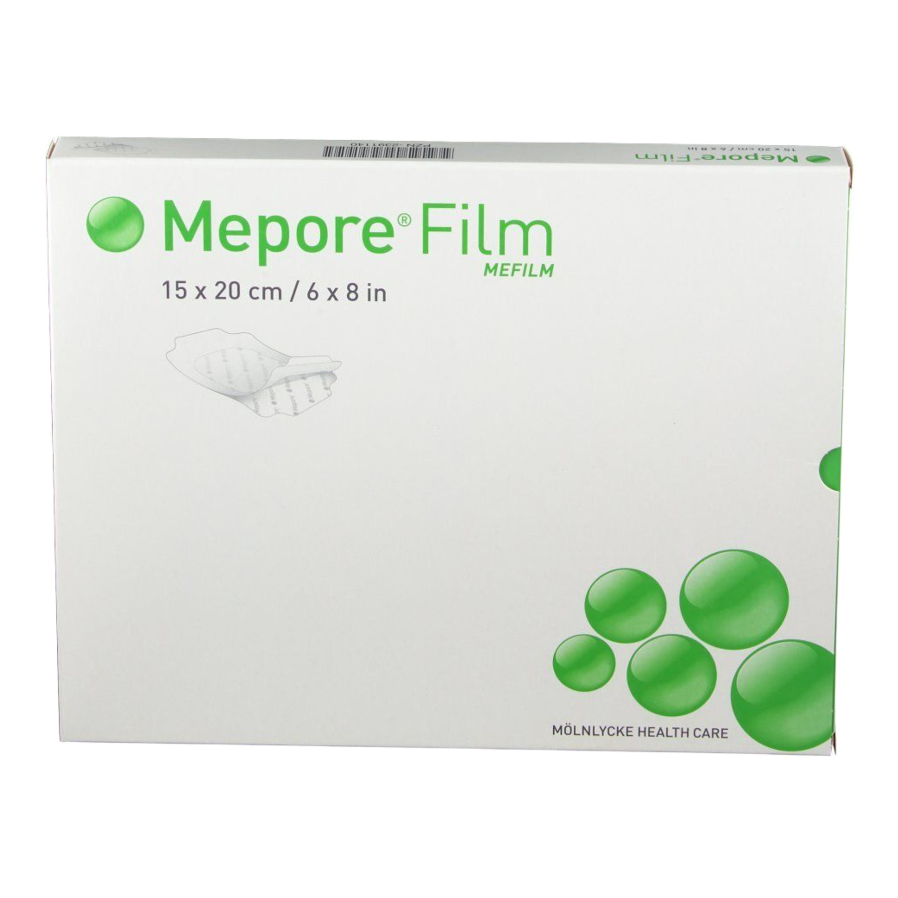 Large box of Mölnlycke Mepore Film (Mefilm) dressing, size 15 x 20 cm, featuring the green bubble logo.